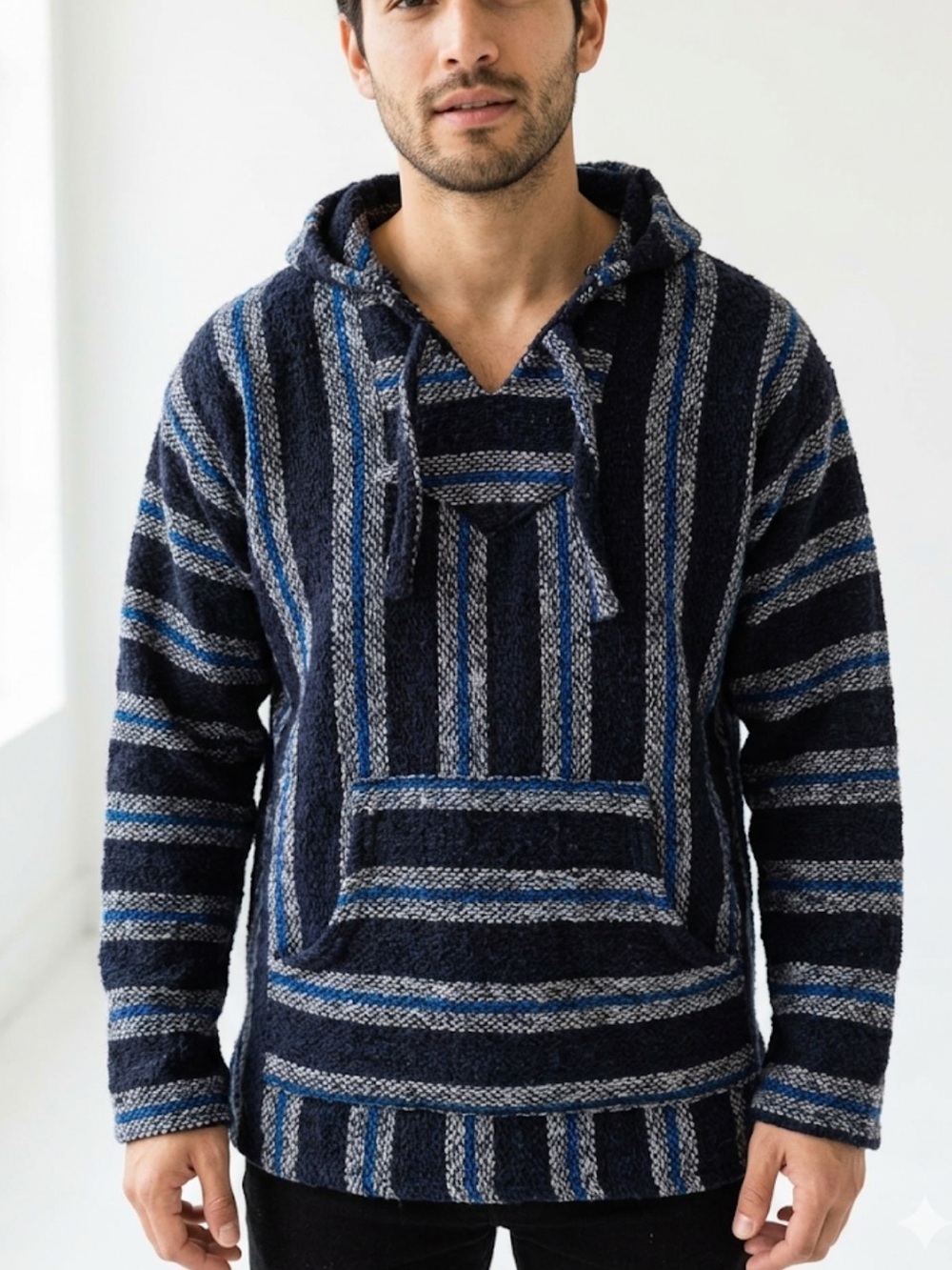 Baja Joe Mexican Hoodie – Size L | Boho Surf-Core | Woven Stripes |